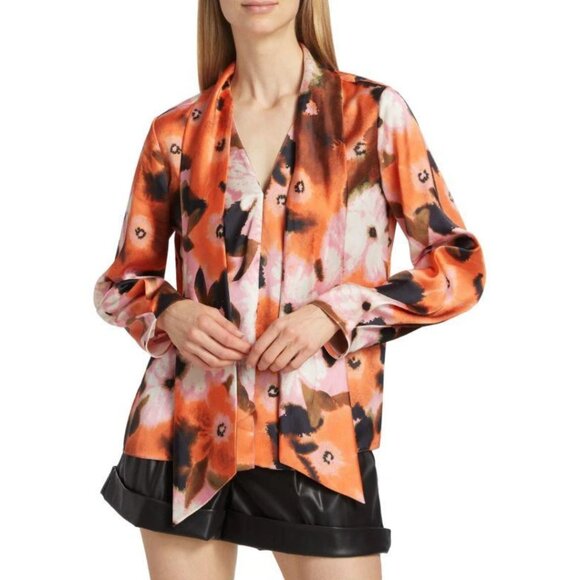 Tanya Taylor Canyon Tie-Neck Blouse Watercolor Poppy Print Size XS - Picture 5 of 14